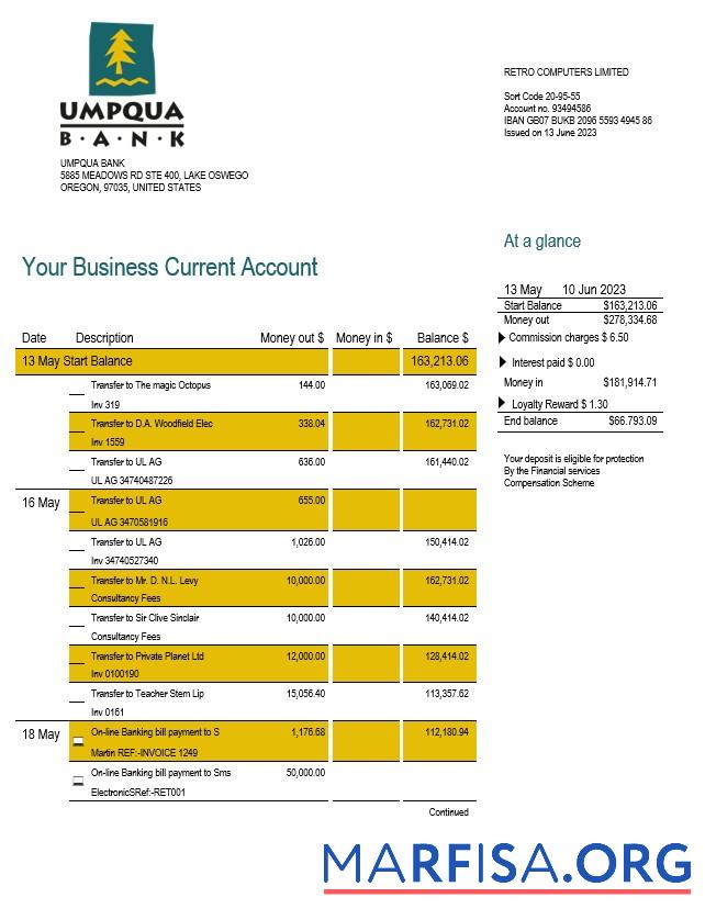 Printable Umpqua Bank organization checking account statement Word and PDF template